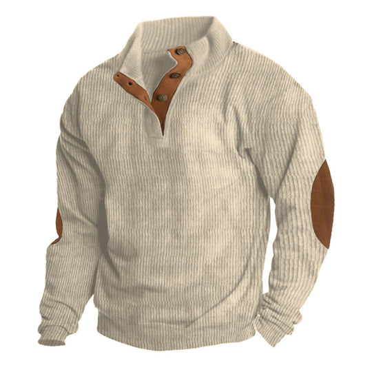 Herren Rippstrickpullover mit Stehkragen, Knopfleiste und Ellbogenpatches EB