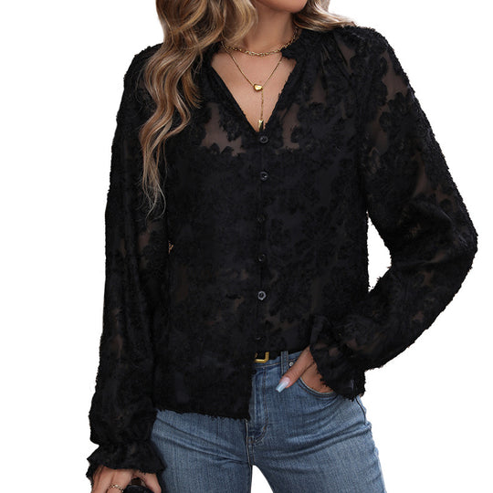 Damen Transparente Chiffon-Bluse mit floraler Flockapplikation, Knopfleiste und Rüschenmanschetten Shop Nory
