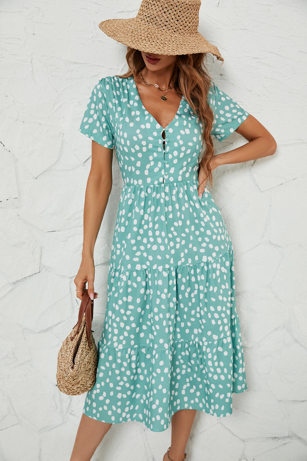 Damen Midi-Kleid mit Flügelärmeln und Knopfleiste