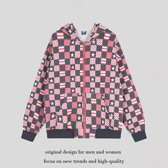 Damen Zip-Kapuzenjacke mit Allover-Patchwork-Sternen- und Streifenmuster Shop Nory