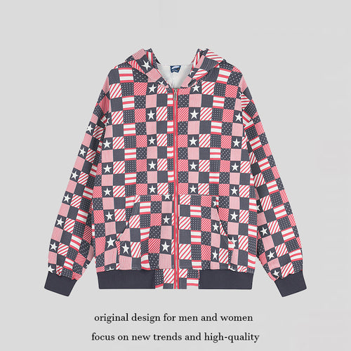 Damen Zip-Kapuzenjacke mit Allover-Patchwork-Sternen- und Streifenmuster Shop Nory