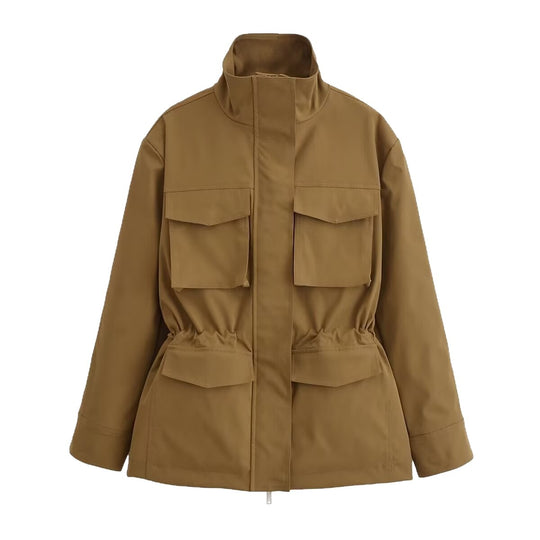 Damen Utility-Jacke mit Tunnelzugtaillen, Stehkragen und Pattentaschen Shop Nory