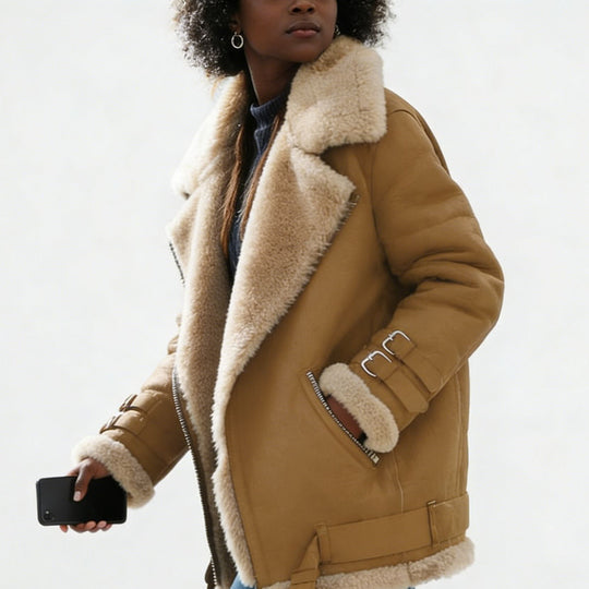 Damen Kurze Fliegerjacke mit Teddyfutter, weichem Lammfellkragen und Reißverschluss Shop Nory