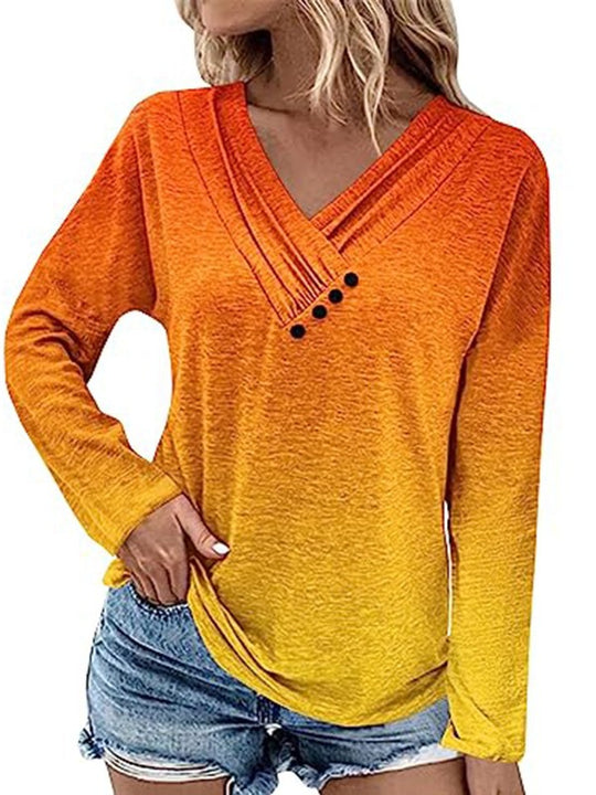 Damen Gerippter V-Ausschnitt Pullover mit Farbverlauf, Zierknöpfen und legerer Passform Shop Nory