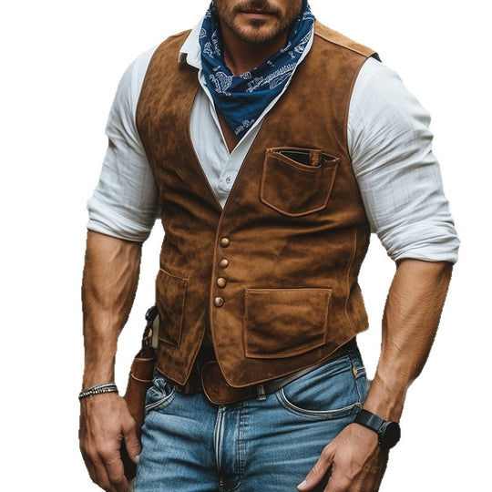 Herren Western-inspirierte Wildlederweste mit Knopfleiste und Utility-Taschen Shop Nory