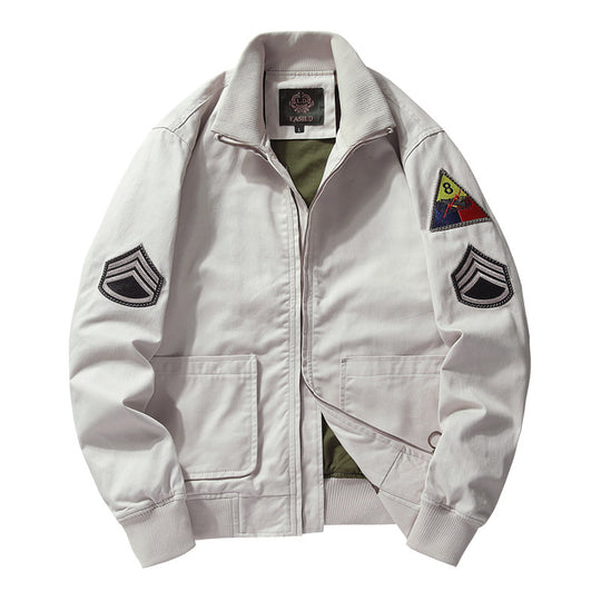Herren Military-inspirierte Canvas-Bomberjacke mit Aufnähern, Stehkragen und Utility-Taschen Shop Nory
