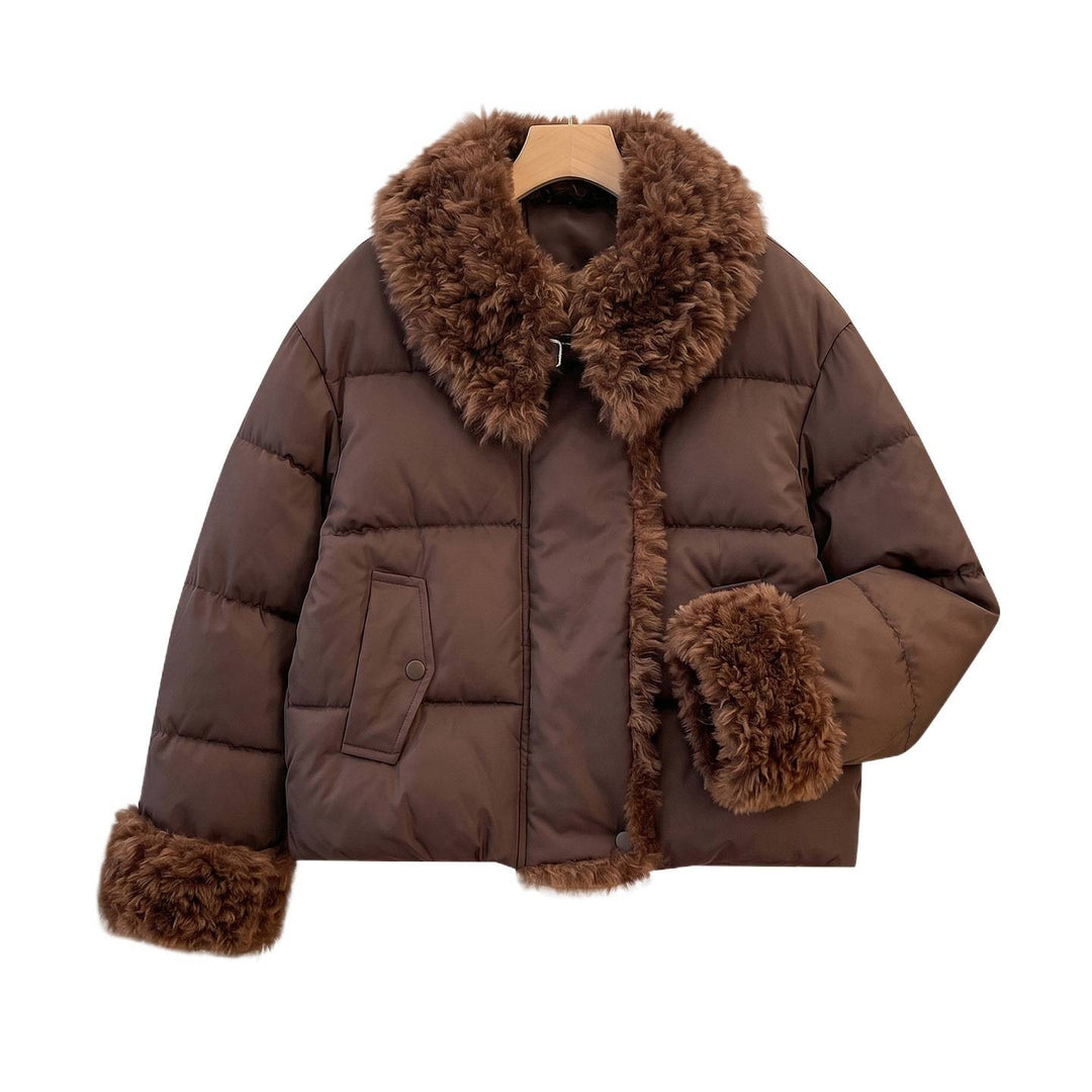 Damen nan taillierte Steppjacke mit voluminösem Teddykragen und abnehmbaren Bommel-Details Shop Nory