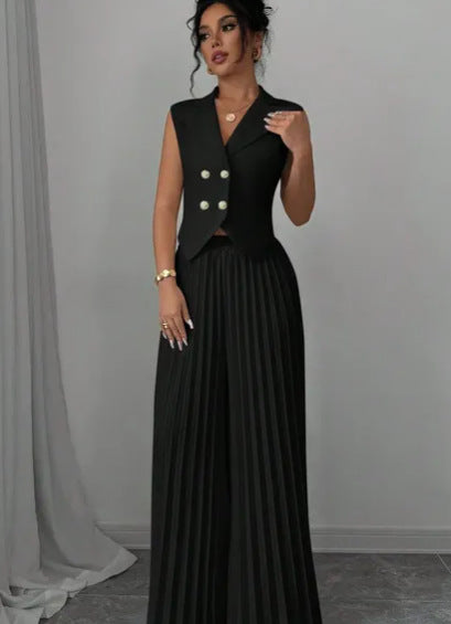 Damen Ärmelloses Weste-Blazer-Top mit Revers und plissierter Palazzo-Hose Zweiteiliges Abendset Shop Nory