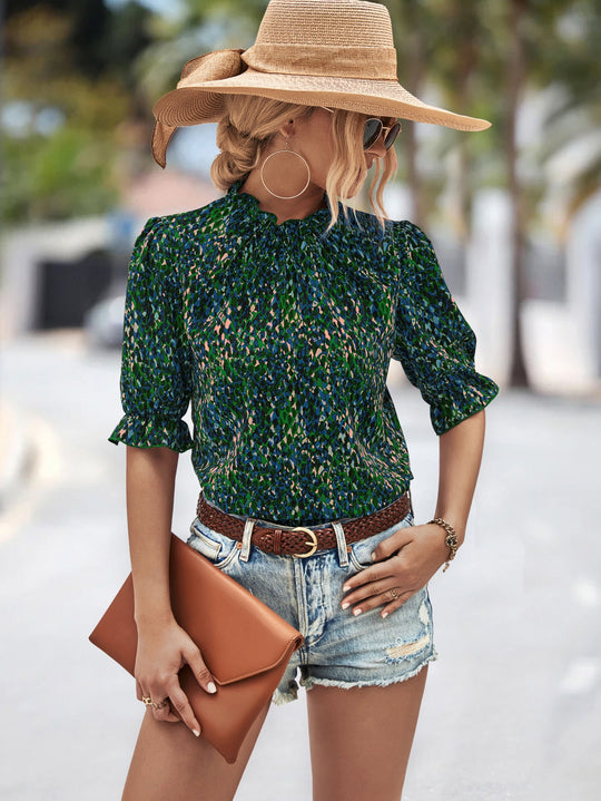 Damen Elegante Bluse mit Raffungen und botanischem Muster Shopnory