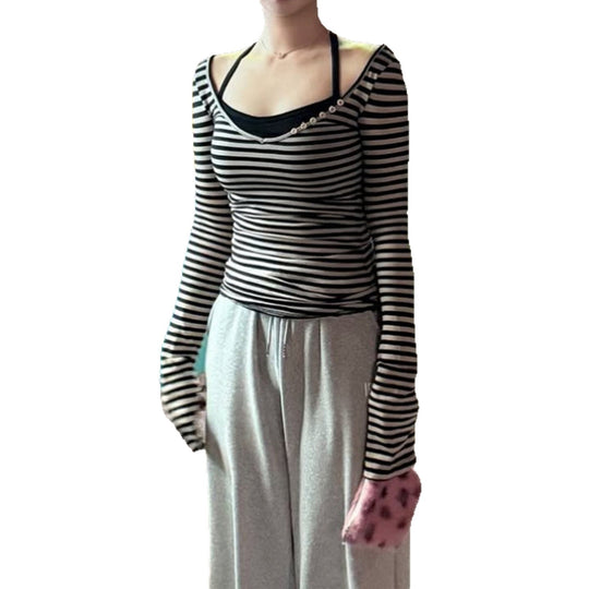Damen nan gestreiftes Off-Shoulder-Langarmshirt mit diagonaler Zierknopfleiste und figurbetonter Silhouette Shop Nory
