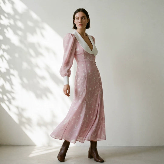 Damen Midikleid mit tiefem Schalkragen, Puffärmeln und seitlichem Schlitz Shop Nory