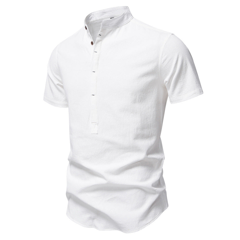 Herren nan lässiges Kurzarmshirt mit Stehkragen, halber Knopfleiste und leicht strukturierter Baumwoll-Leinen-Qualität