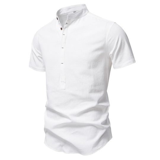 Herren nan lässiges Kurzarmshirt mit Stehkragen, halber Knopfleiste und leicht strukturierter Baumwoll-Leinen-Qualität
