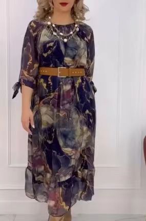 Damen Elegantes Chiffon Maxikleid mit floralen Akzenten, gestuftem Rock und 3/4-Ärmeln Shop Nory