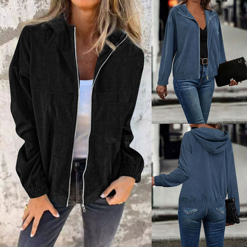 Damen Casual Cord-Hoodiejacke mit feiner Kordsamtstruktur, durchgehendem Reißverschluss und elastischem Saum Shop Nory