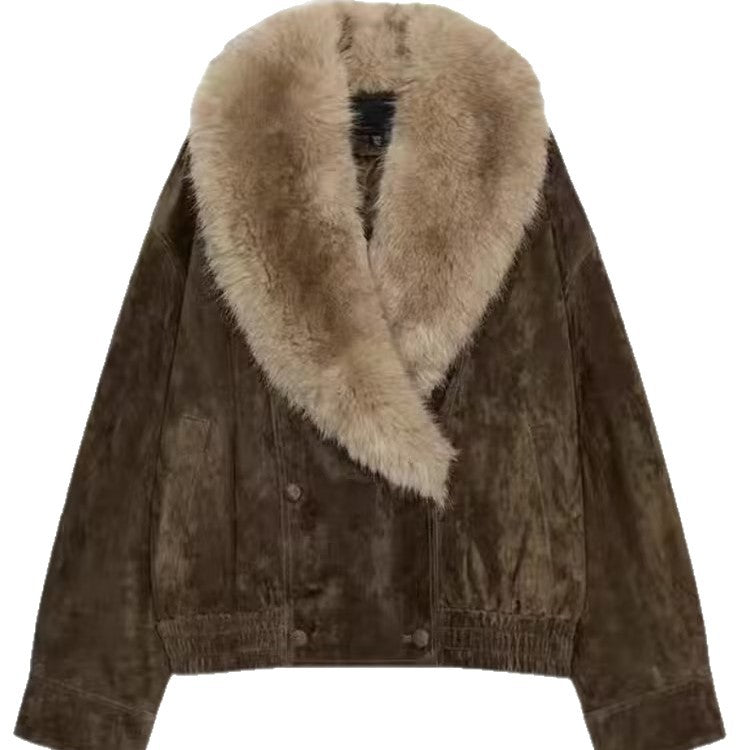 Damen Kurz geschnittene Wildlederjacke im Bomberstil mit luxuriösem Pelzkragen Shop Nory