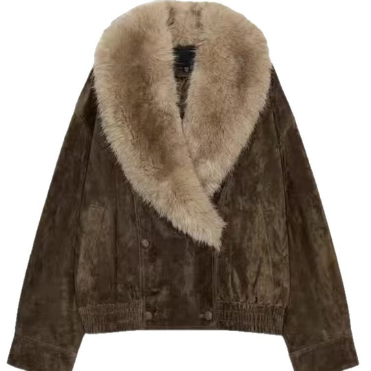 Damen Kurz geschnittene Wildlederjacke im Bomberstil mit luxuriösem Pelzkragen Shop Nory