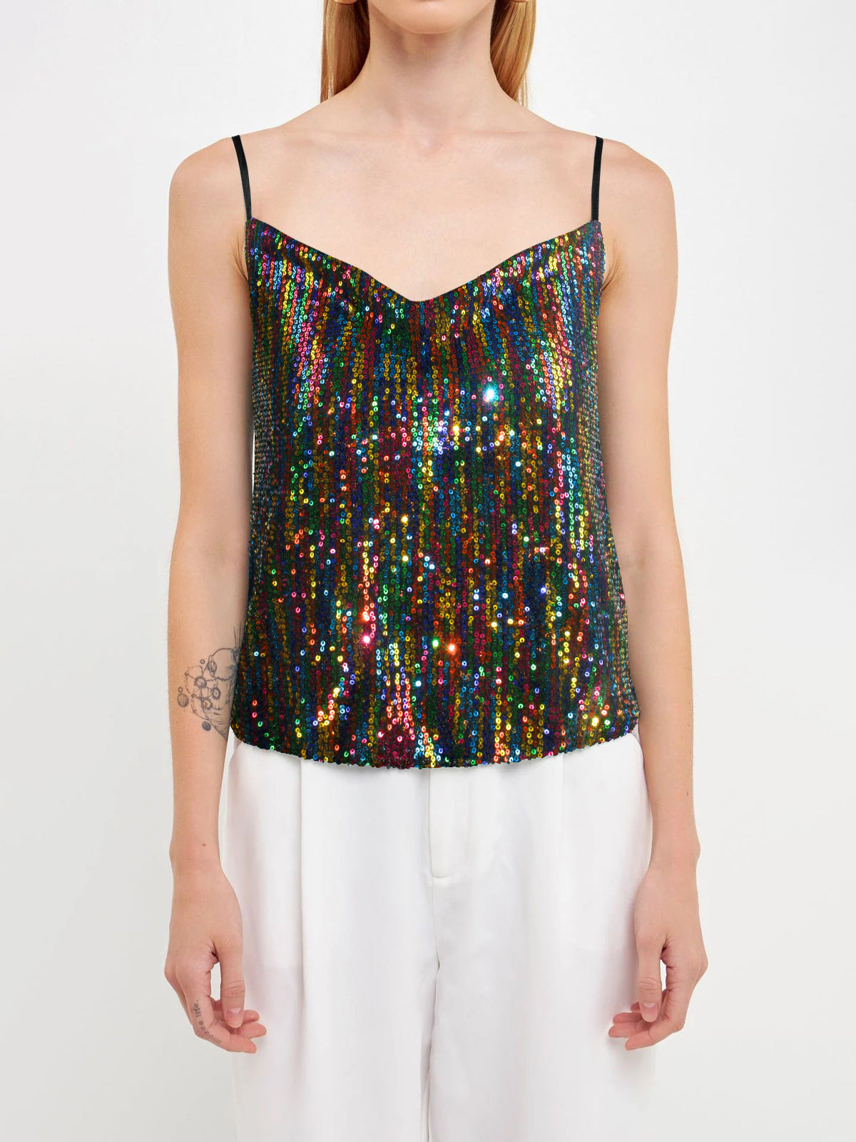 Damen Glitzerndes Spaghettiträgershirt mit V-Ausschnitt