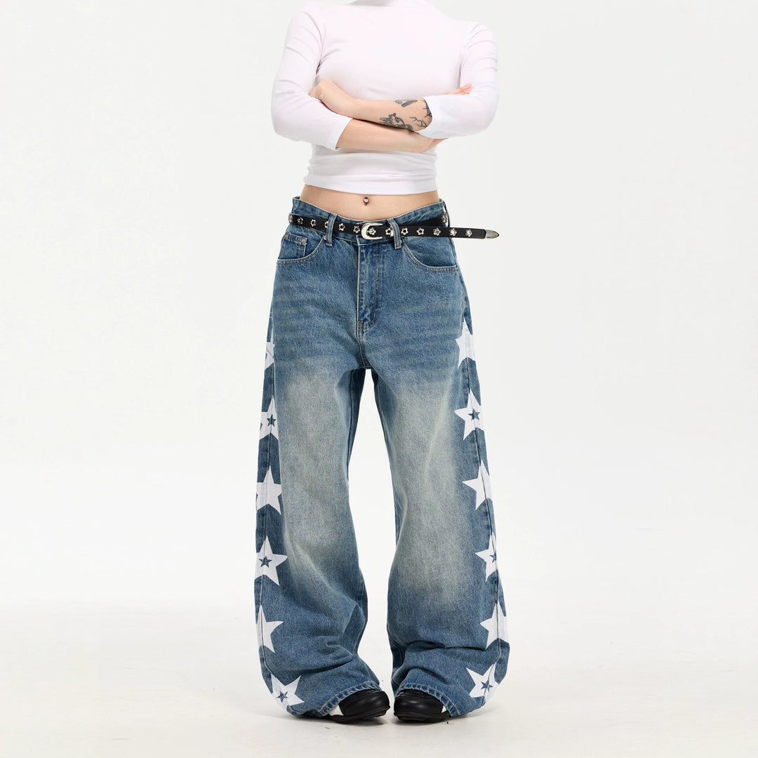 Damen Modische Weitgeschnittene Jeans mit Sternen-Design Shop Nory