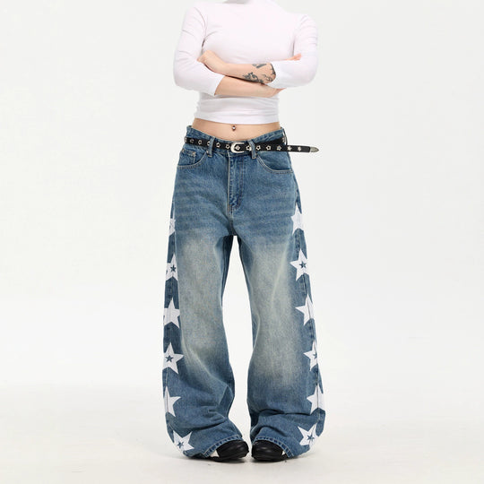 Damen Modische Weitgeschnittene Jeans mit Sternen-Design Shop Nory