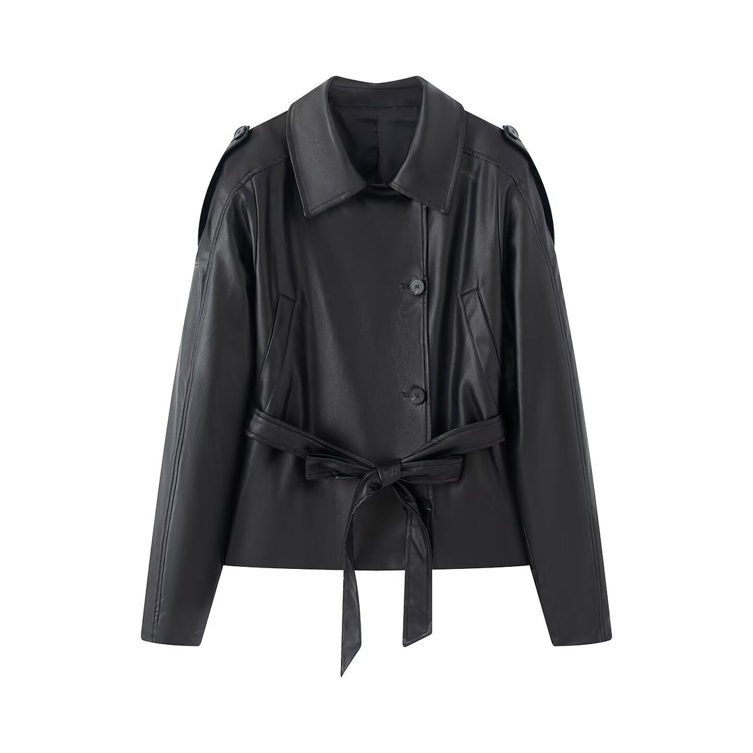 Damen kurze Kunstleder‑Trenchjacke mit Taillengürtel und Schultercape Shop Nory