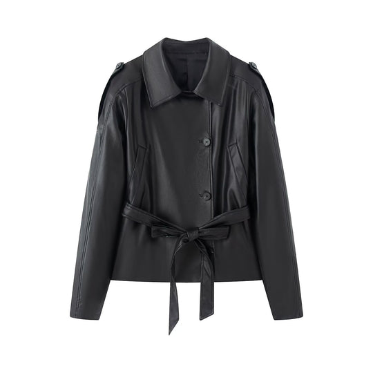 Damen kurze Kunstleder‑Trenchjacke mit Taillengürtel und Schultercape Shop Nory