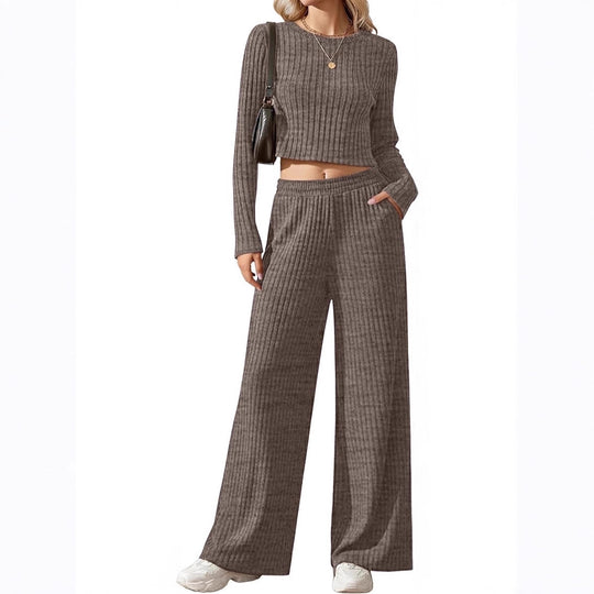 Damen Geripptes Feinstrick-Lounge-Set mit Cropped Langarmtop und High-Waist Palazzohose Shop Nory