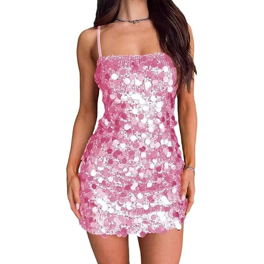Damen Glitzerndes Minikleid mit Spiralmuster und Spaghettiträgern