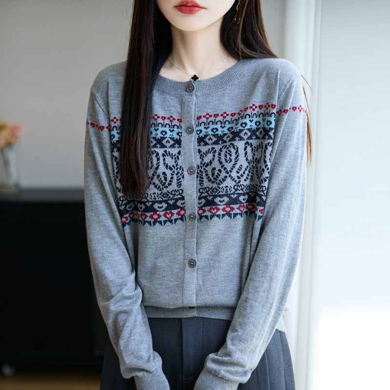 Damen Leichter Feinstrick-Cardigan mit nordischem Jacquardmuster und feiner Knopfleiste Shop Nory