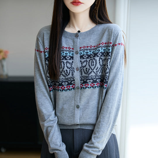 Damen Leichter Feinstrick-Cardigan mit nordischem Jacquardmuster und feiner Knopfleiste Shop Nory