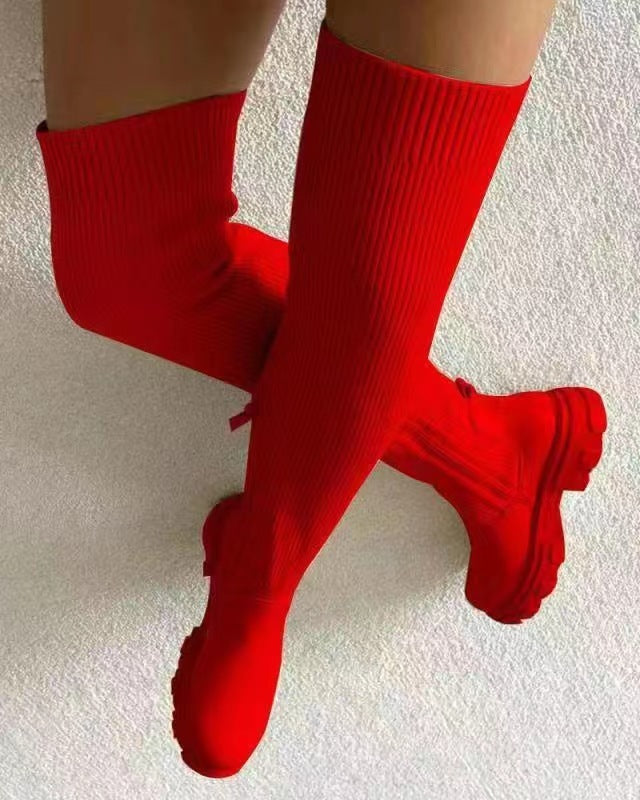 Damen knielange Strickschaft-Chelsea-Boots mit kontrastfarbiger Profilsohle Shop Nory