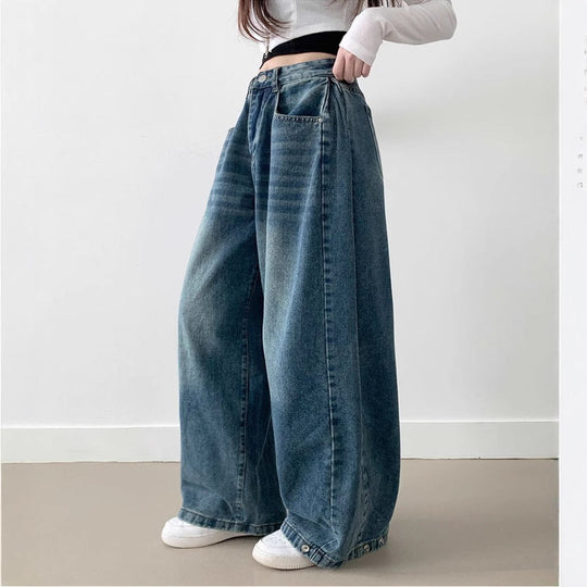 Damen Weite High-Waist Denim-Hose mit Faltenwurf