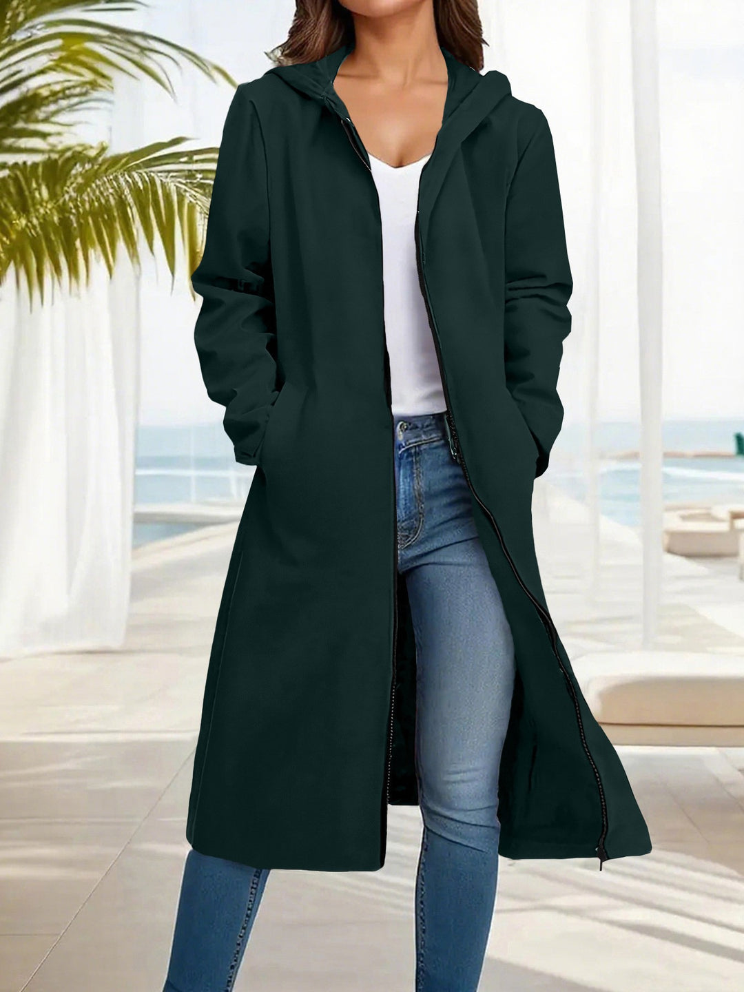Damen Langer Kapuzen‑Mantel mit durchgehendem Reißverschluss und legerer A‑Linie Shop Nory