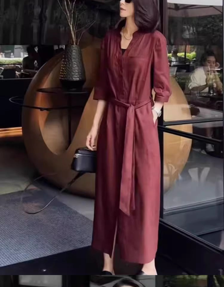 Damen Leinen-Overall mit tailliertem Bindegürtel und 3/4-Ärmeln Shop Nory