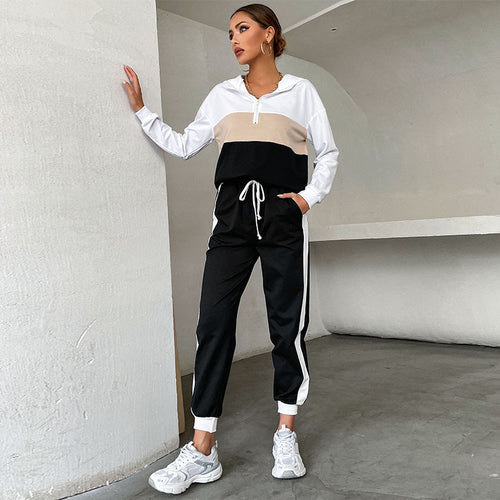 Damen Sportives Jogging-Set mit Kapuze, Tunnelzughose & Seitenstreifen Shop Nory
