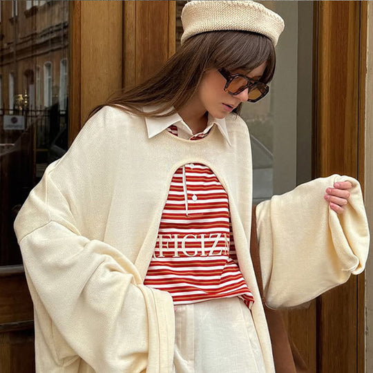 Damen Oversize Cape-Strickjacke mit weiten Trompetenärmeln und offenem Frontdesign Shop Nory