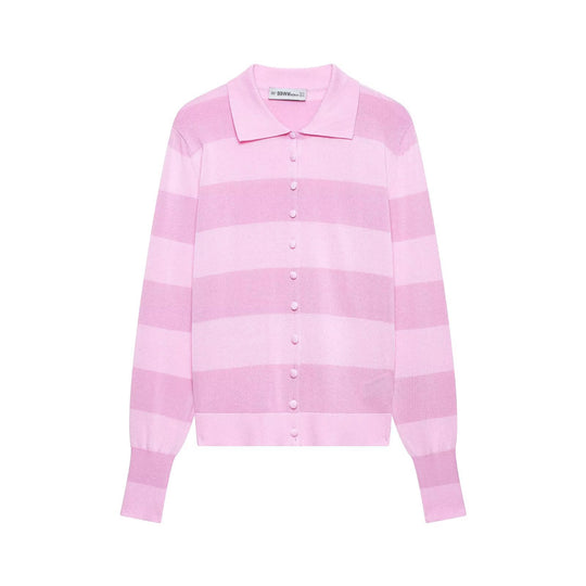 Damen Gestreifte Strickjacke mit Polokragen und durchgehender Knopfleiste Shop Nory