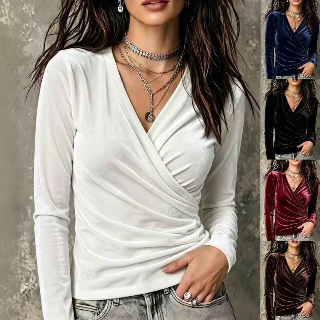 Damen Wickelshirt aus Samt mit V-Ausschnitt und seitlicher Raffung Shop Nory