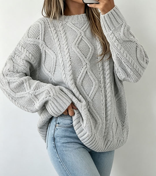 Damen Oversize Flechtstrick-Pullover mit Zopfmuster und Rundhals Shop Nory