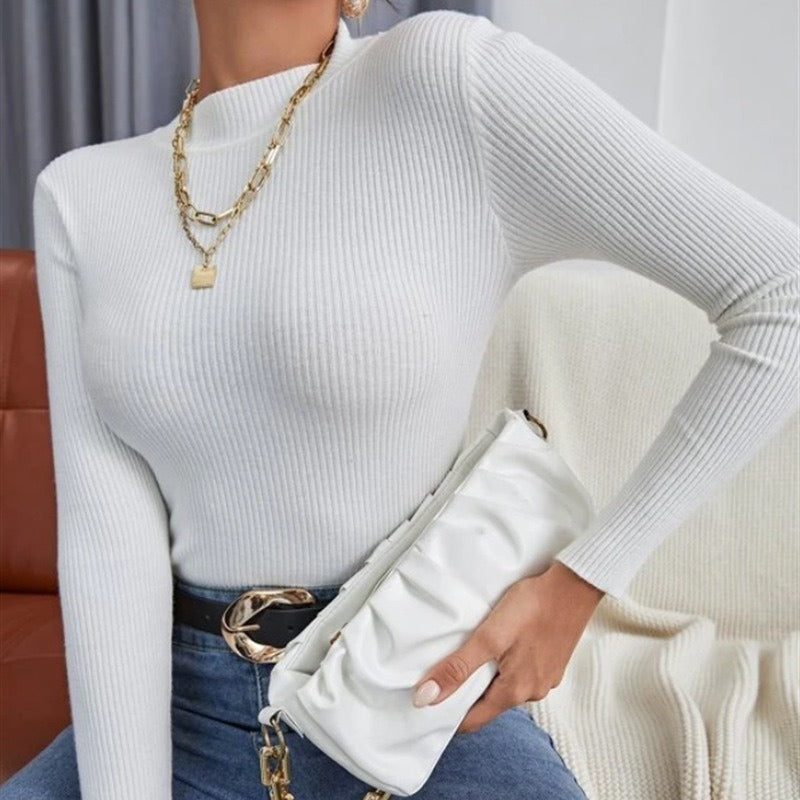 Damen Figurbetontes Ripp-Strickoberteil mit Stehkragen und langen Ärmeln Shop Nory