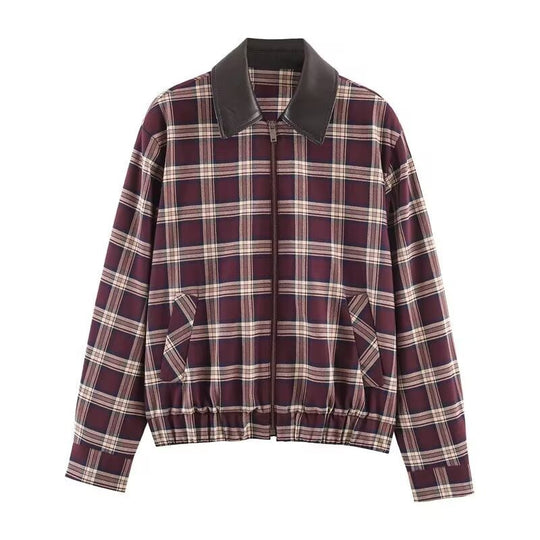 Damen Karierte Blousonjacke mit kontrastierendem Lederkragen und elastischem Saum Shop Nory