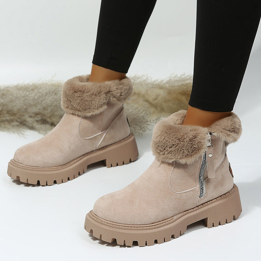 Damen Kurzschaft-Stiefelette mit Teddy‑Umschlag, Veloursoptik und Chunky‑Lug‑Sohle Shop Nory