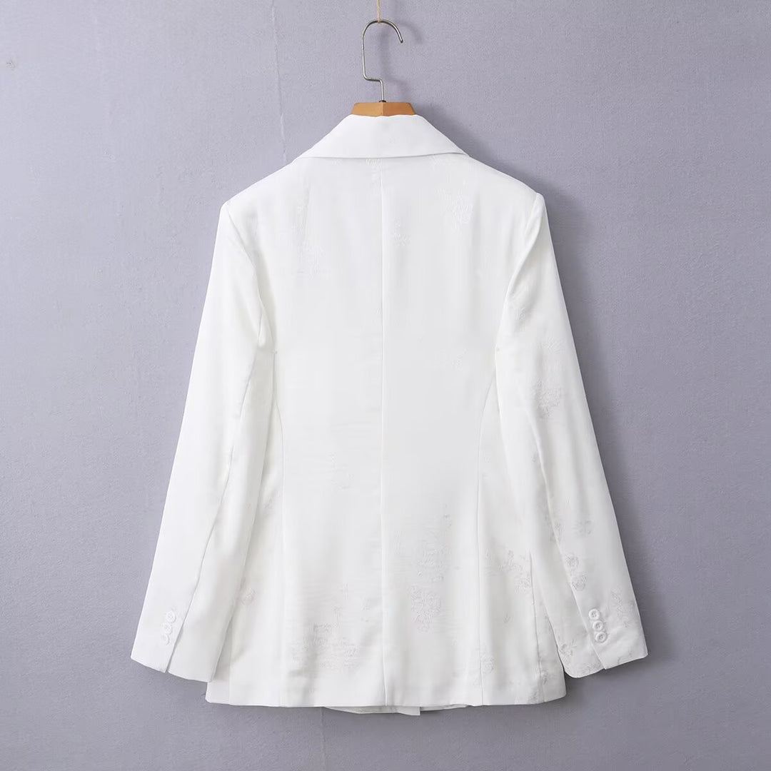 Damen Doppelreihiger Satin-Blazer mit floralem Jacquard und Reverskragen Shop Nory