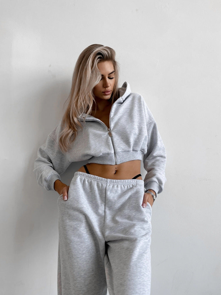 Damen kurzes Zip-Hoodie-Lounge-Set mit taillenhoher Relax-Sweathose Shop Nory