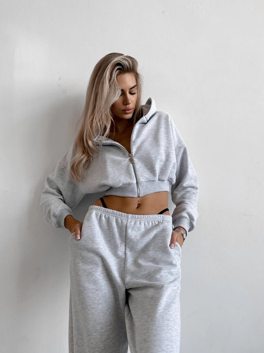Damen kurzes Zip-Hoodie-Lounge-Set mit taillenhoher Relax-Sweathose Shop Nory