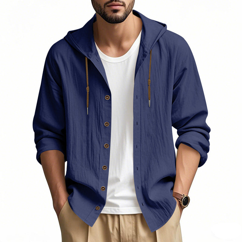 Herren nan leichtes Kapuzenhemdjacke aus Leinenoptik mit durchgehender Knopfleiste