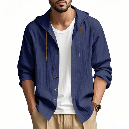 Herren nan leichtes Kapuzenhemdjacke aus Leinenoptik mit durchgehender Knopfleiste