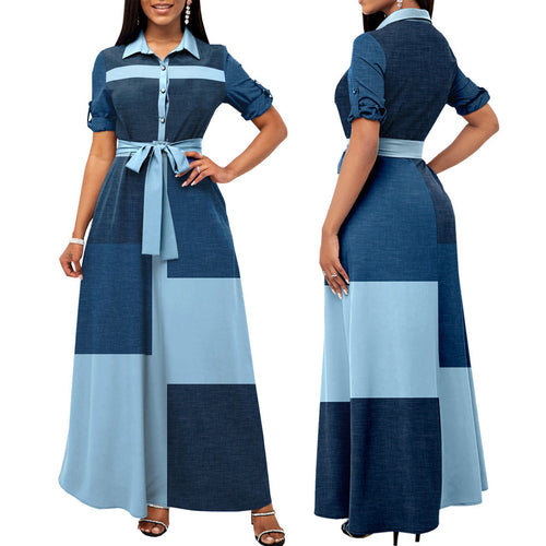 Damen Maxikleid Hemdblusenstil mit Taillengürtel und Blockpatch-Design Shop Nory