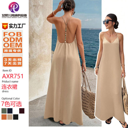 Damen Fließendes Maxikleid mit Spaghettiträgern, V-Ausschnitt und sommerlicher Leinenoptik Shop Nory