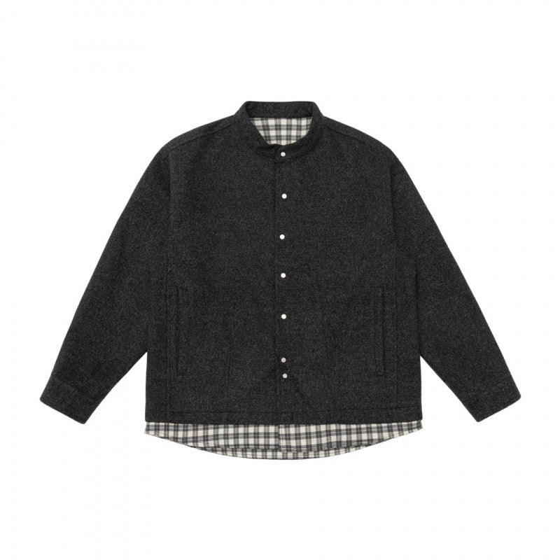 Unisex Oversize Wollmix-Hemdjacke mit Stehkragen, Druckknopfleiste und karierter Saumblende Shop Nory